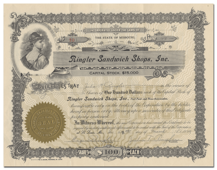 Ringler Sandwich Shops, Inc. Stock Certificate