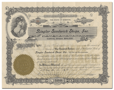 Ringler Sandwich Shops, Inc. Stock Certificate