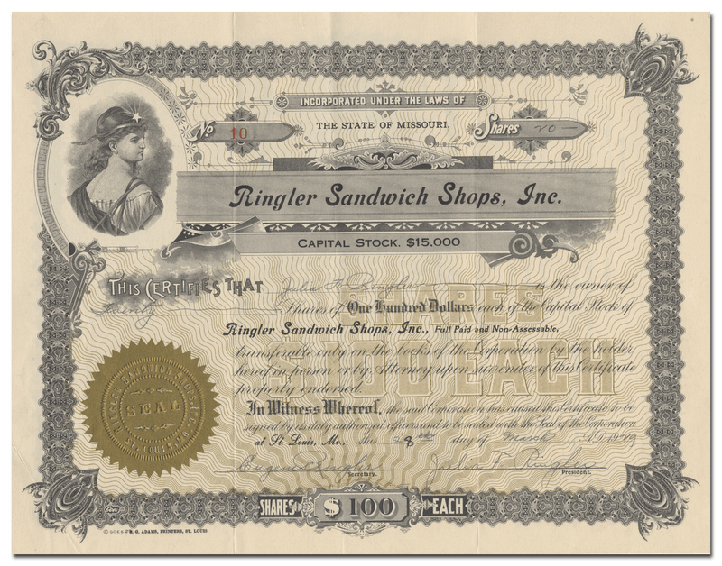 Ringler Sandwich Shops, Inc. Stock Certificate