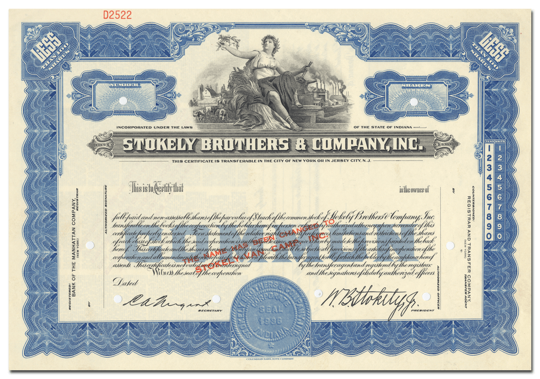 Stokely Brothers & Company, Inc. Stock Certificate