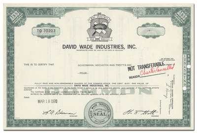 David Wade Industries, Inc. Stock Certificate