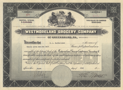 Westmoreland Grocery Company Stock Certificate