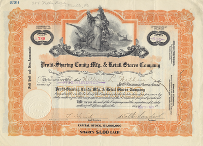 Profit-Sharing Candy Mfg. & Retail Stores Company Stock Certificate