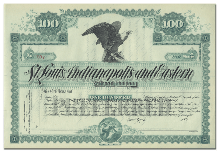 St. Louis, Indianapolis and Eastern Railroad Company Stock Certificate