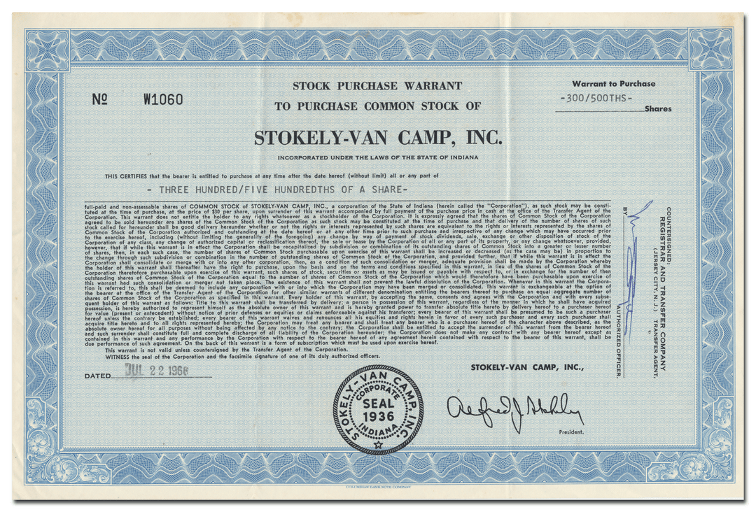 Stokely-Van Camp, Inc. Stock Certificate