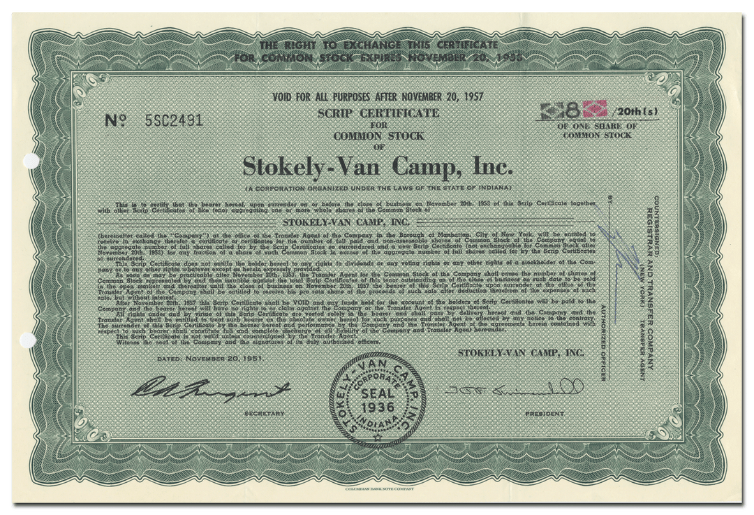 Stokely-Van Camp, Inc. Stock Certificate