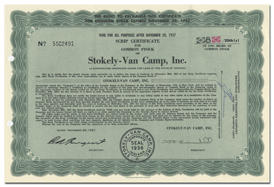 Stokely-Van Camp, Inc. Stock Certificate