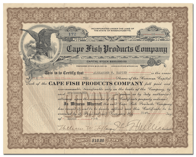 Cape Fish Products Company Stock Certificate