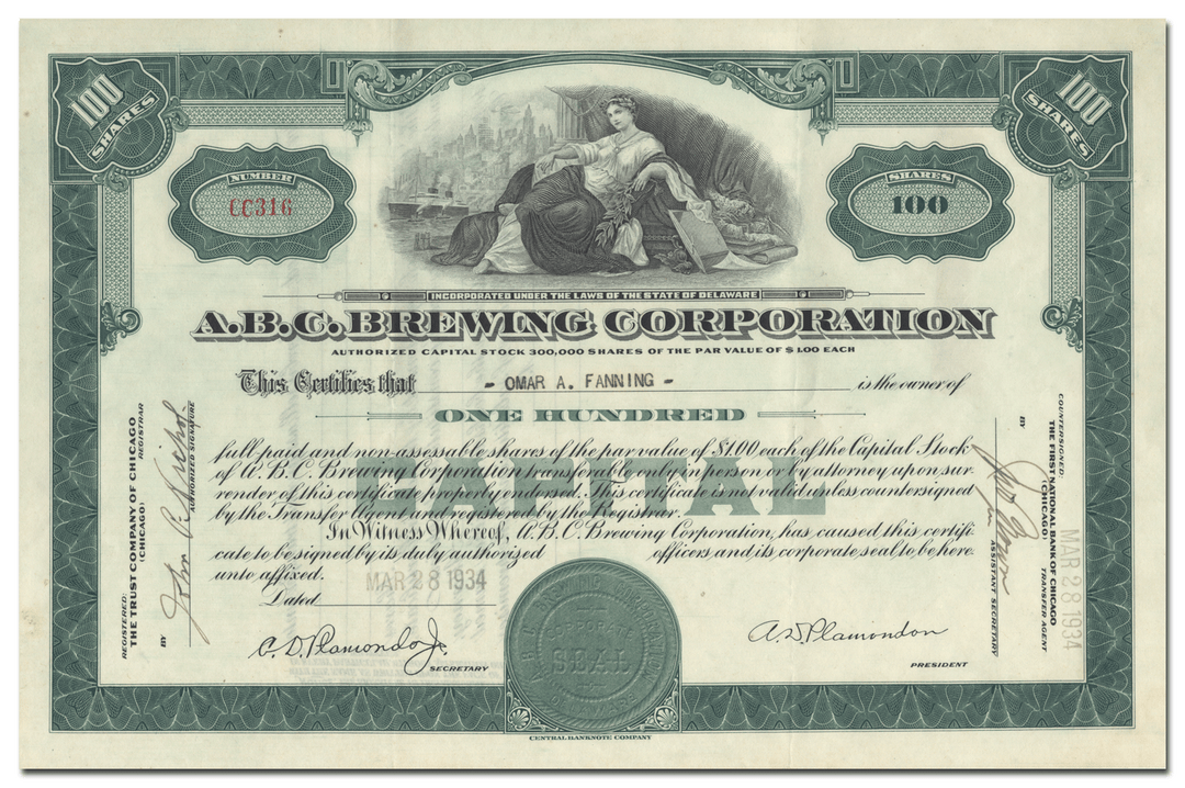 A. B. C. Brewing Corporation Stock Certificate