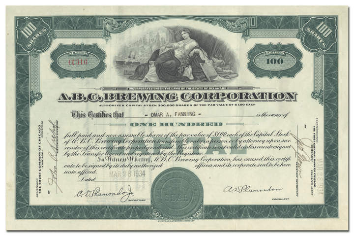 A. B. C. Brewing Corporation Stock Certificate