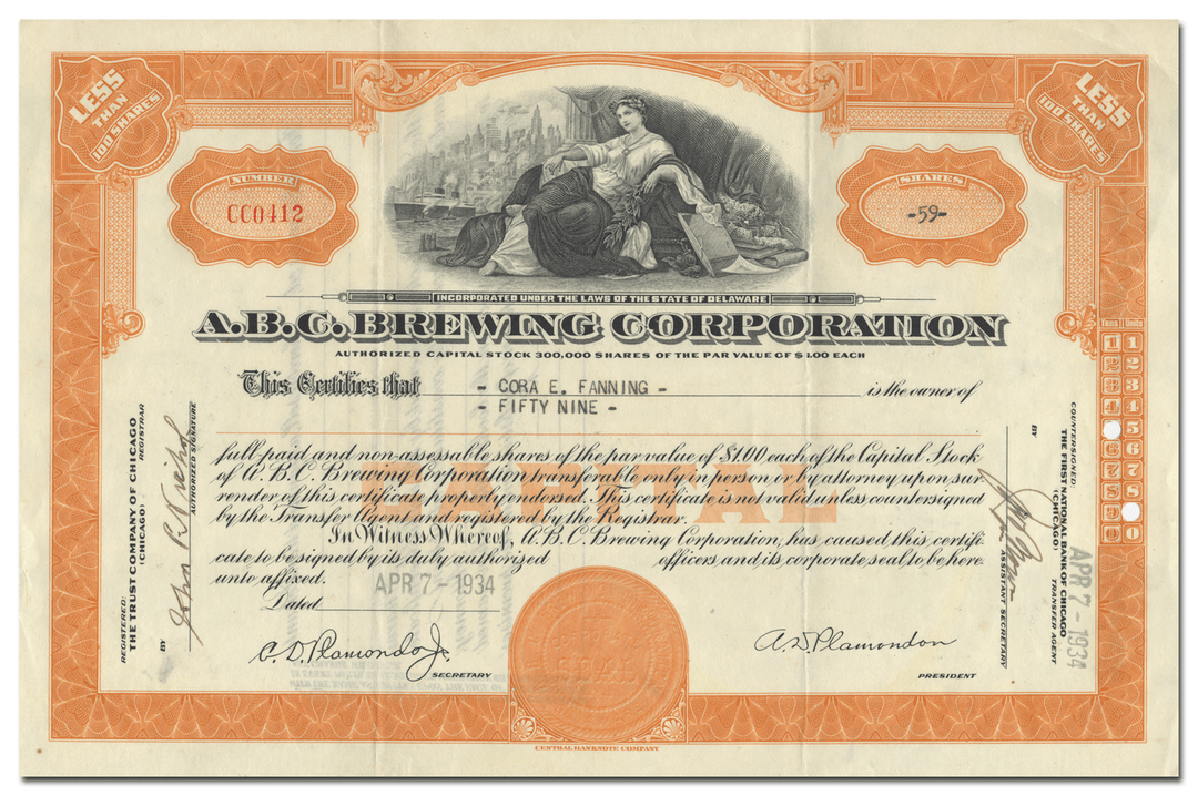 A. B. C. Brewing Corporation Stock Certificate