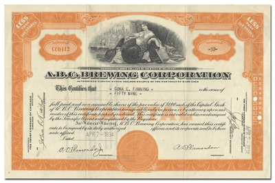 A. B. C. Brewing Corporation Stock Certificate