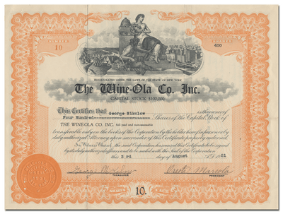 Wine-Ola Co. Inc. Stock Certificate