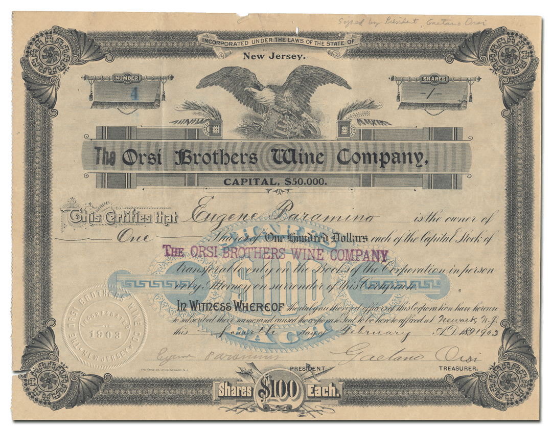 Orsi Brothers Wine Company Stock Certificate