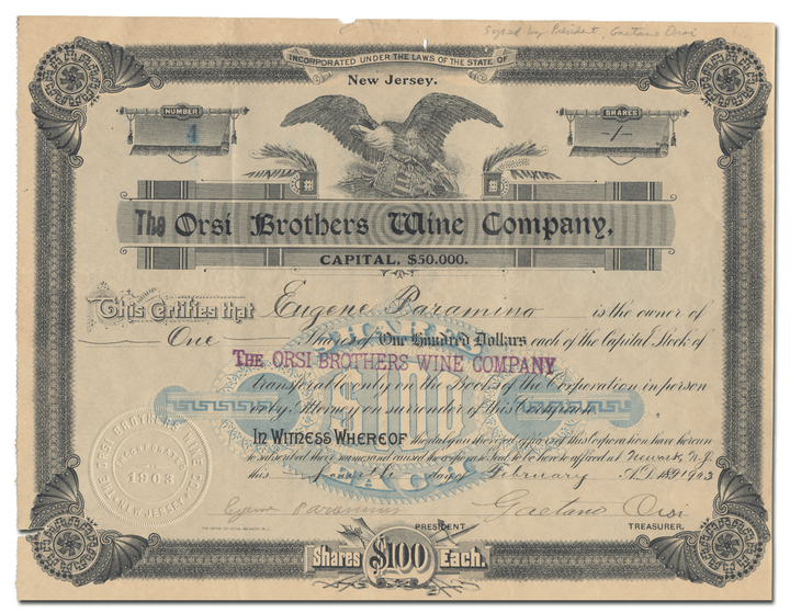 Orsi Brothers Wine Company Stock Certificate