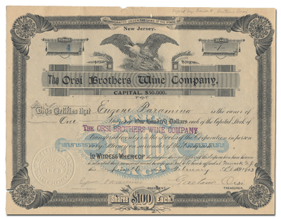 Orsi Brothers Wine Company Stock Certificate