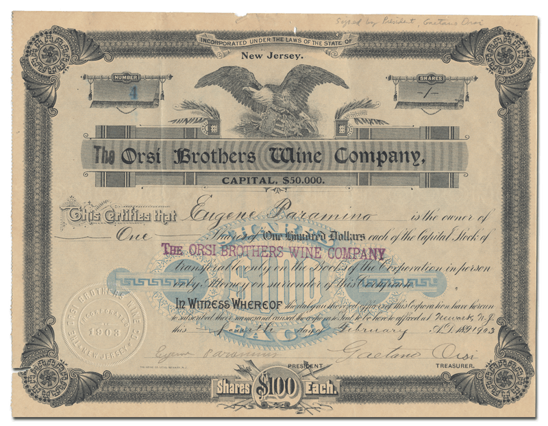 Orsi Brothers Wine Company Stock Certificate