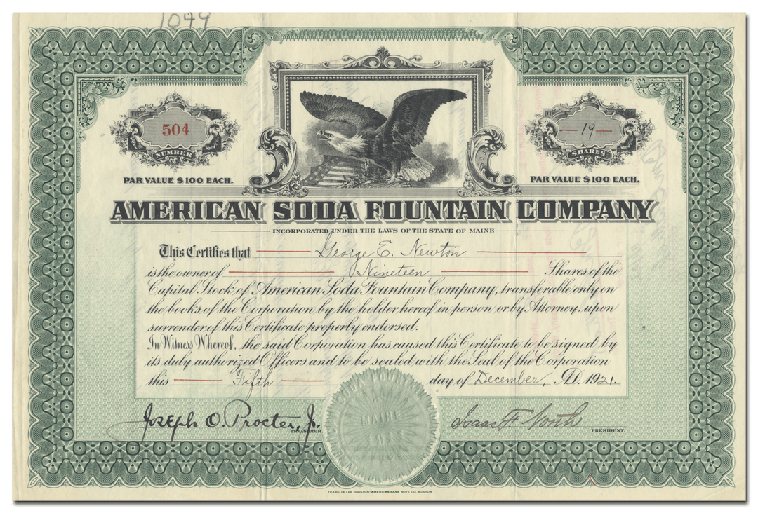 American Soda Fountain Company Stock Certificate