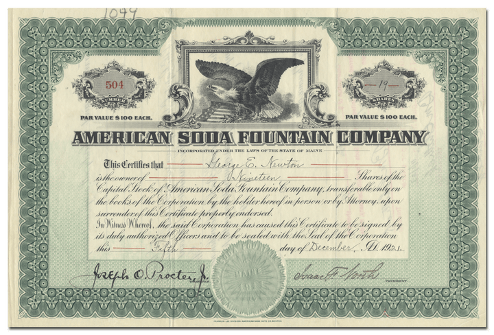 American Soda Fountain Company Stock Certificate