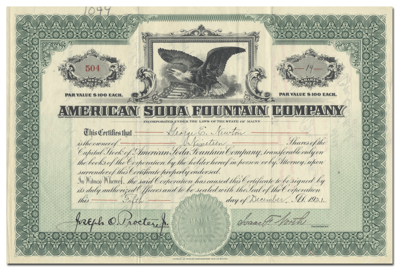 American Soda Fountain Company Stock Certificate