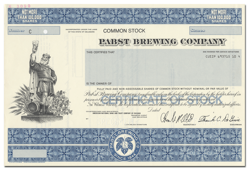 Pabst Brewing Company Specimen Stock Certificate