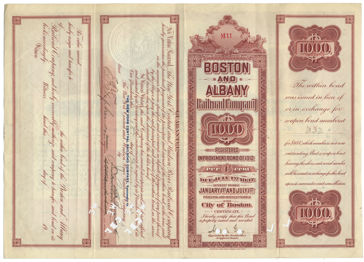 Boston and Albany Railroad Company Bond Certificate