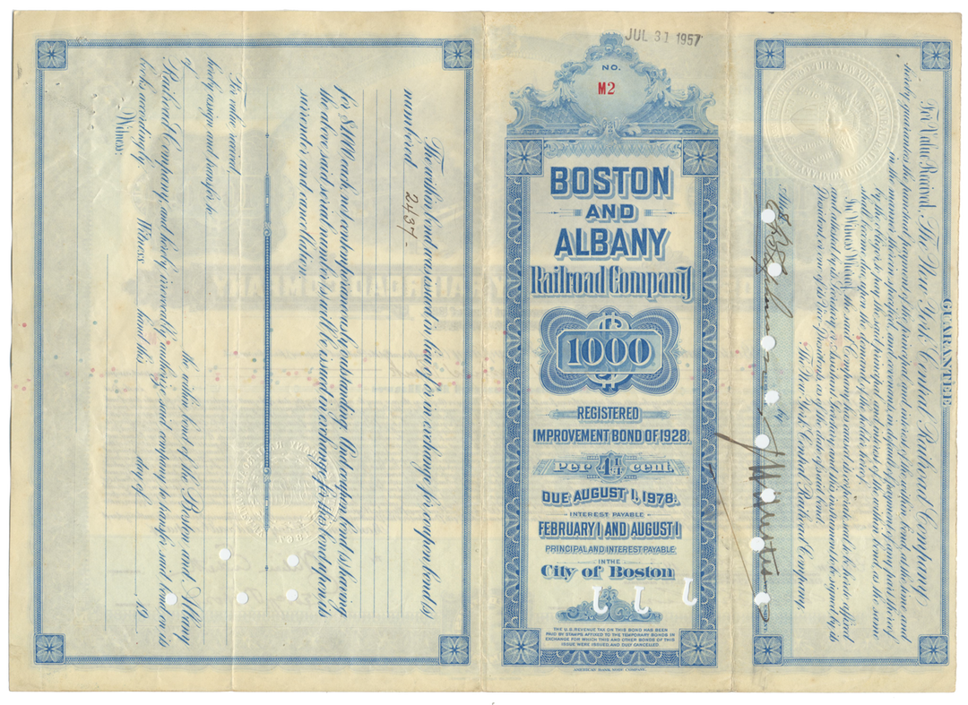 Boston and Albany Railroad Company Bond Certificate