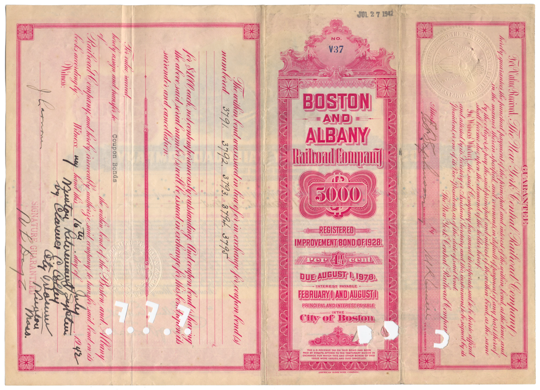 Boston and Albany Railroad Company Bond Certificate