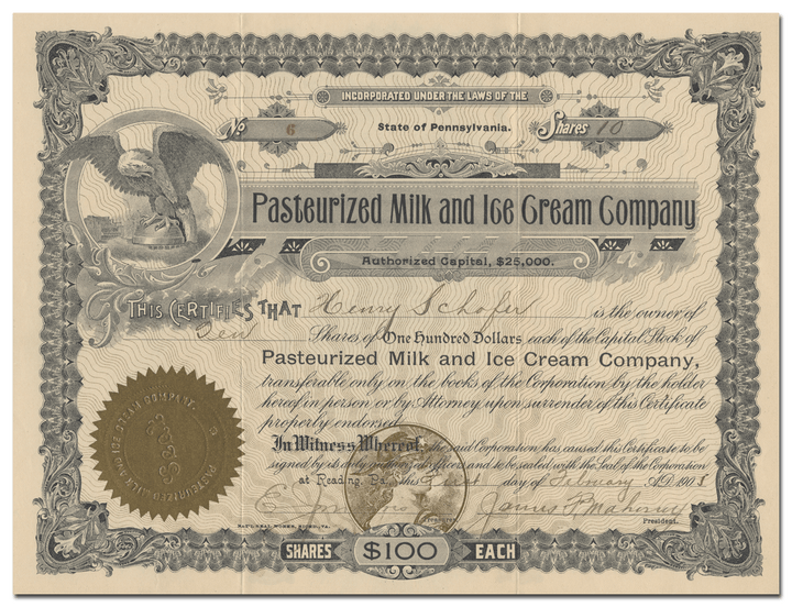 Pasteurized Milk and Ice Cream Company Stock Certificate