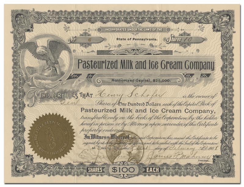 Pasteurized Milk and Ice Cream Company Stock Certificate