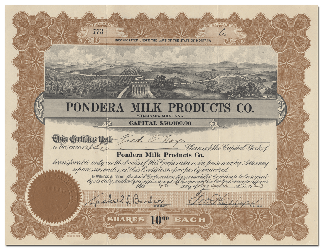 Pondera Milk Products Co. Stock Certificate