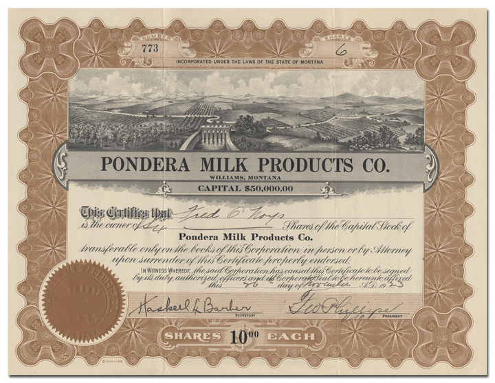 Pondera Milk Products Co. Stock Certificate