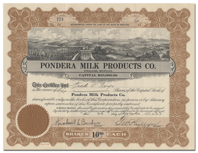 Pondera Milk Products Co. Stock Certificate