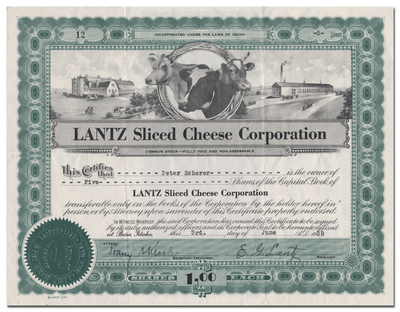 LANTZ Sliced Cheese Corporation Stock Certificate
