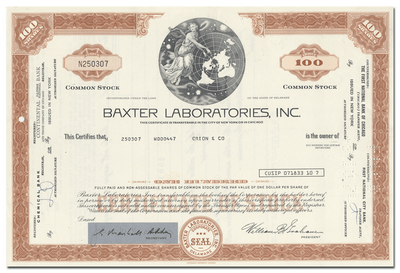 Baxter Laboratories, Inc. Stock Certificate