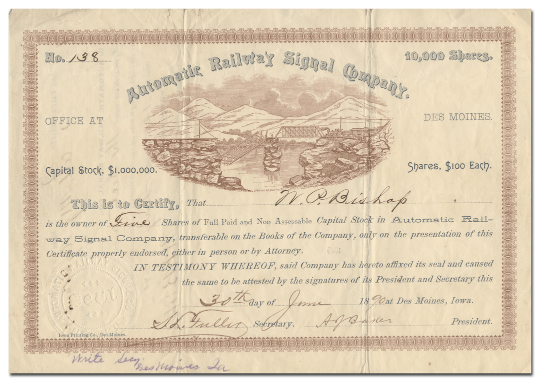 Automatic Railway Signal Company Stock Certificate