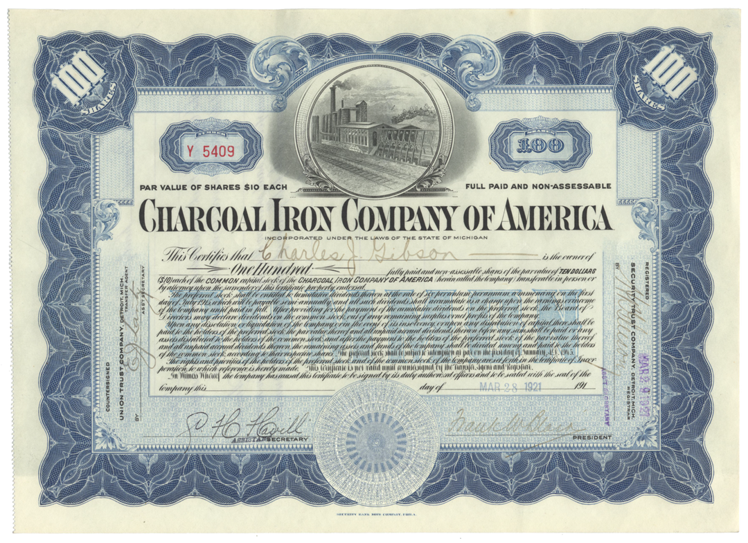 Charcoal Iron Company of America Stock Certificate