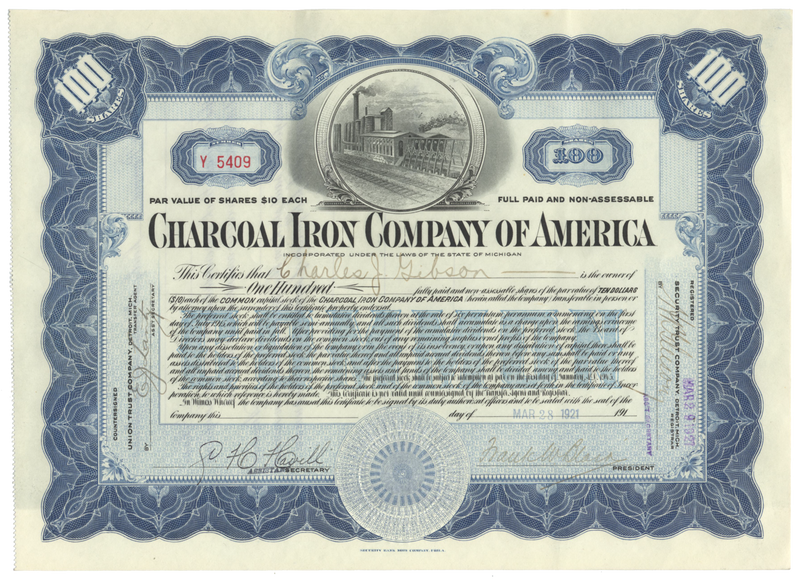 Charcoal Iron Company of America Stock Certificate