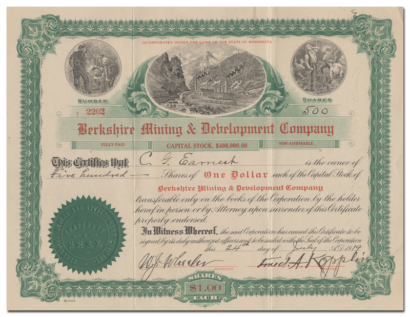Berkshire Mining & Development Company Stock Certificate
