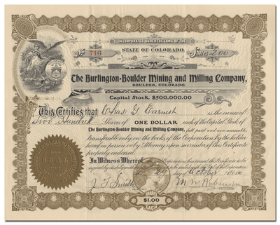 Burlington-Boulder Mining and Milling Company Stock Certificate