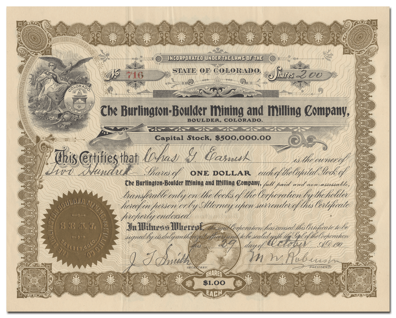 Burlington-Boulder Mining and Milling Company Stock Certificate