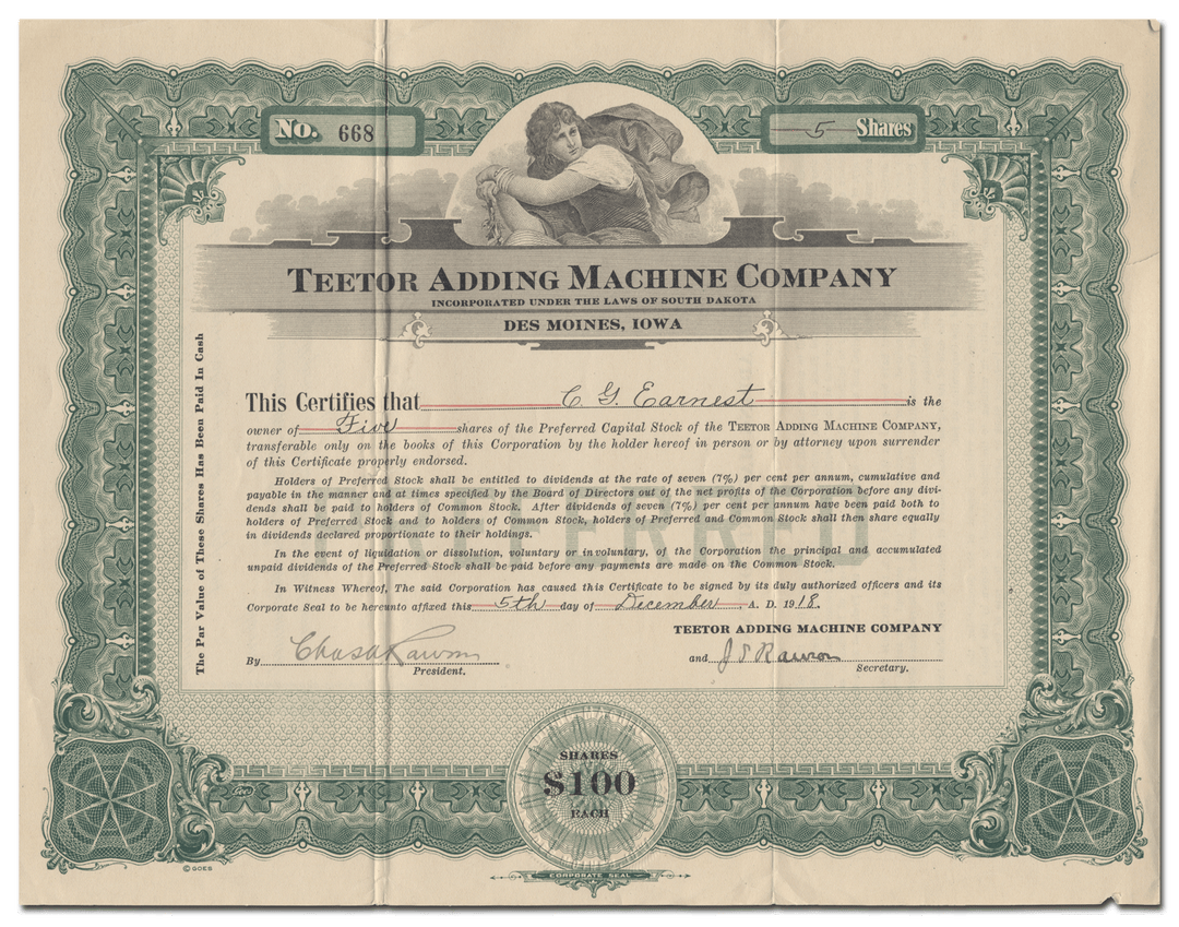 Teetor Adding Machine Company Stock Certificate