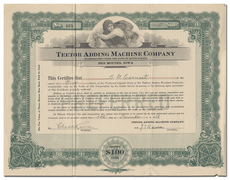 Teetor Adding Machine Company Stock Certificate