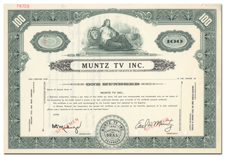 Muntz TV Inc. Stock Certificate