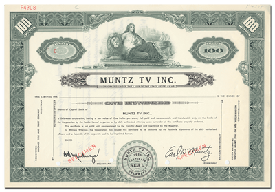 Muntz TV Inc. Stock Certificate