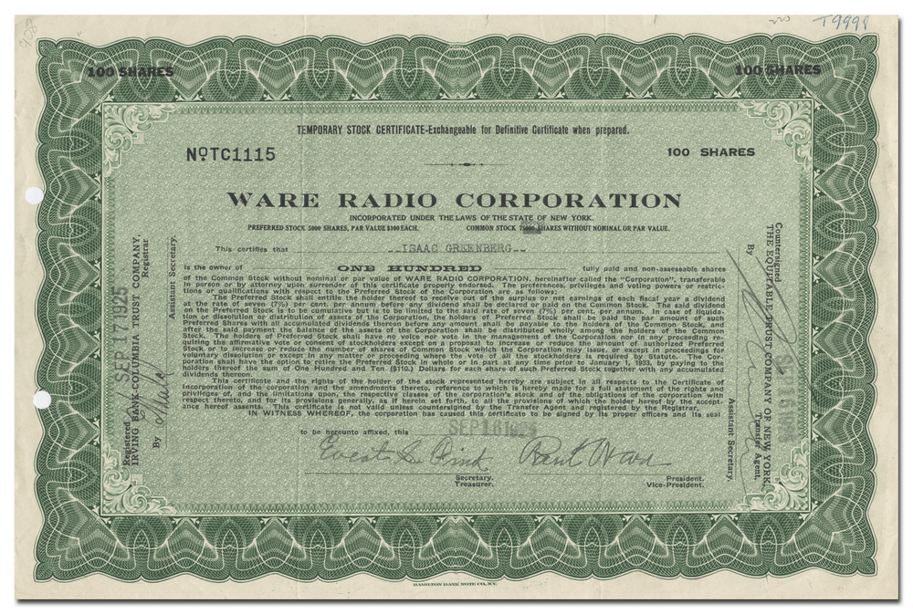 Ware Radio Corporation Stock Certificate