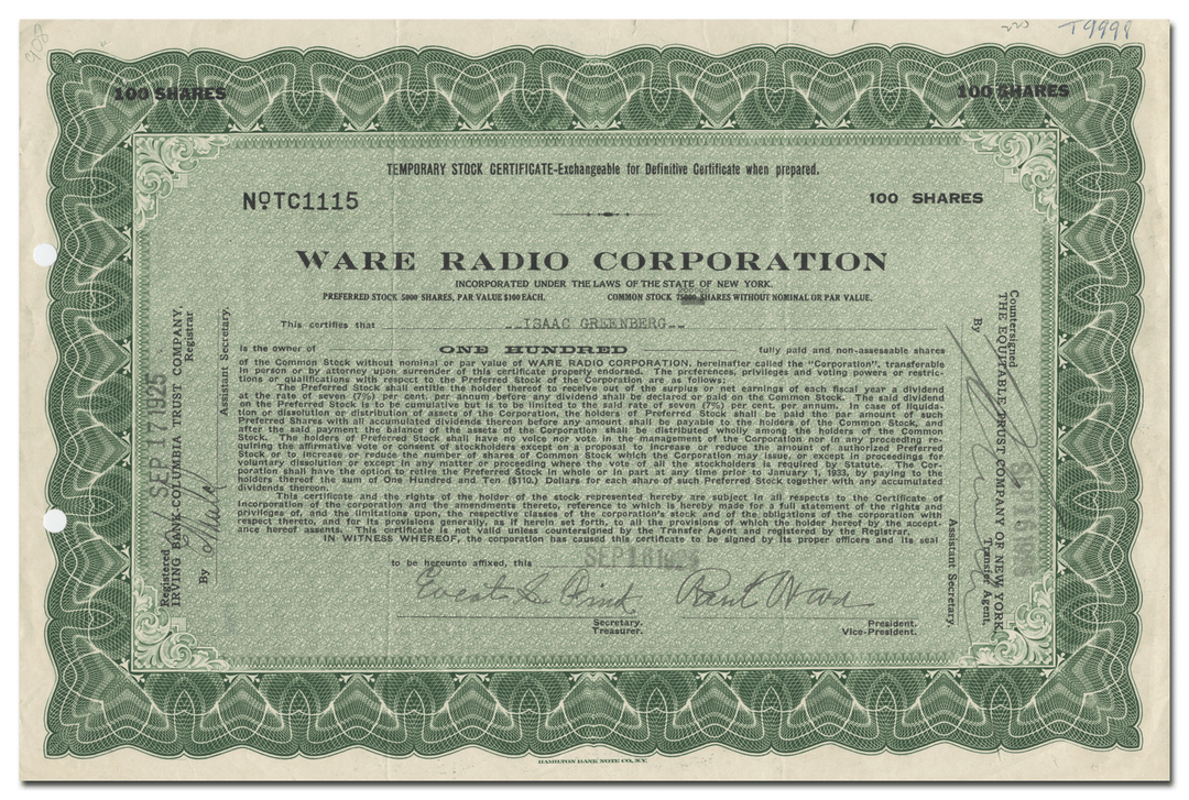 Ware Radio Corporation Stock Certificate