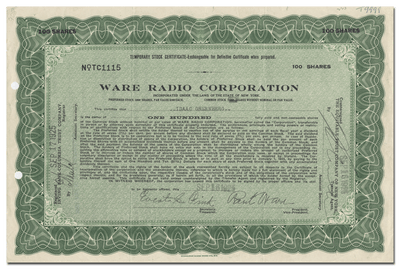 Ware Radio Corporation Stock Certificate