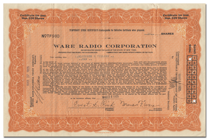 Ware Radio Corporation Stock Certificate