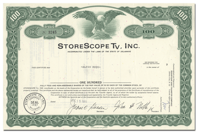 StoreScope TV, Inc. Stock Certificate